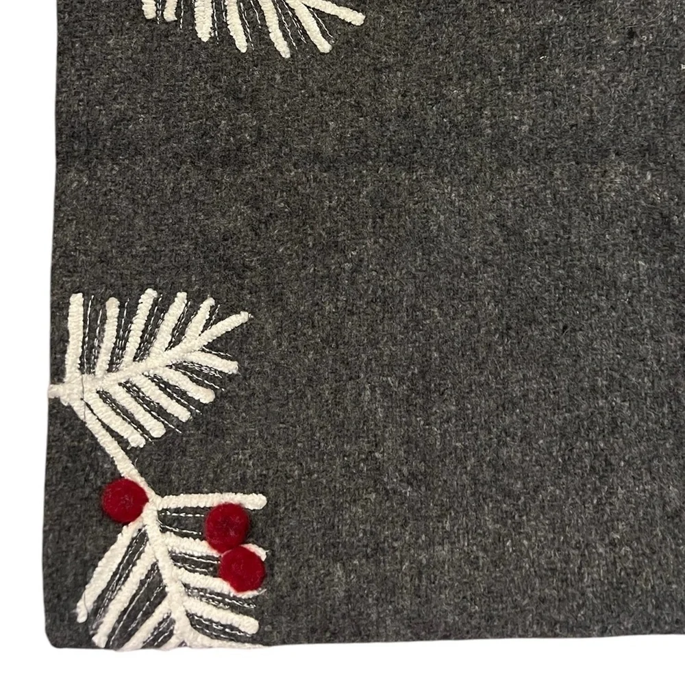 House & Garden Gray Wool Blend Holiday Table Runner w/ Boughs & Red Berries